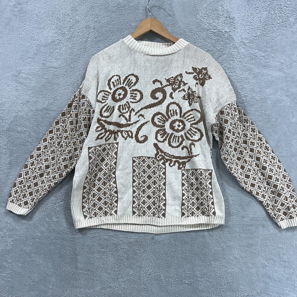 Cabin Creek Sweater Women 2XL Brown White Floral Fair Isle Long Sleeve Crew Neck